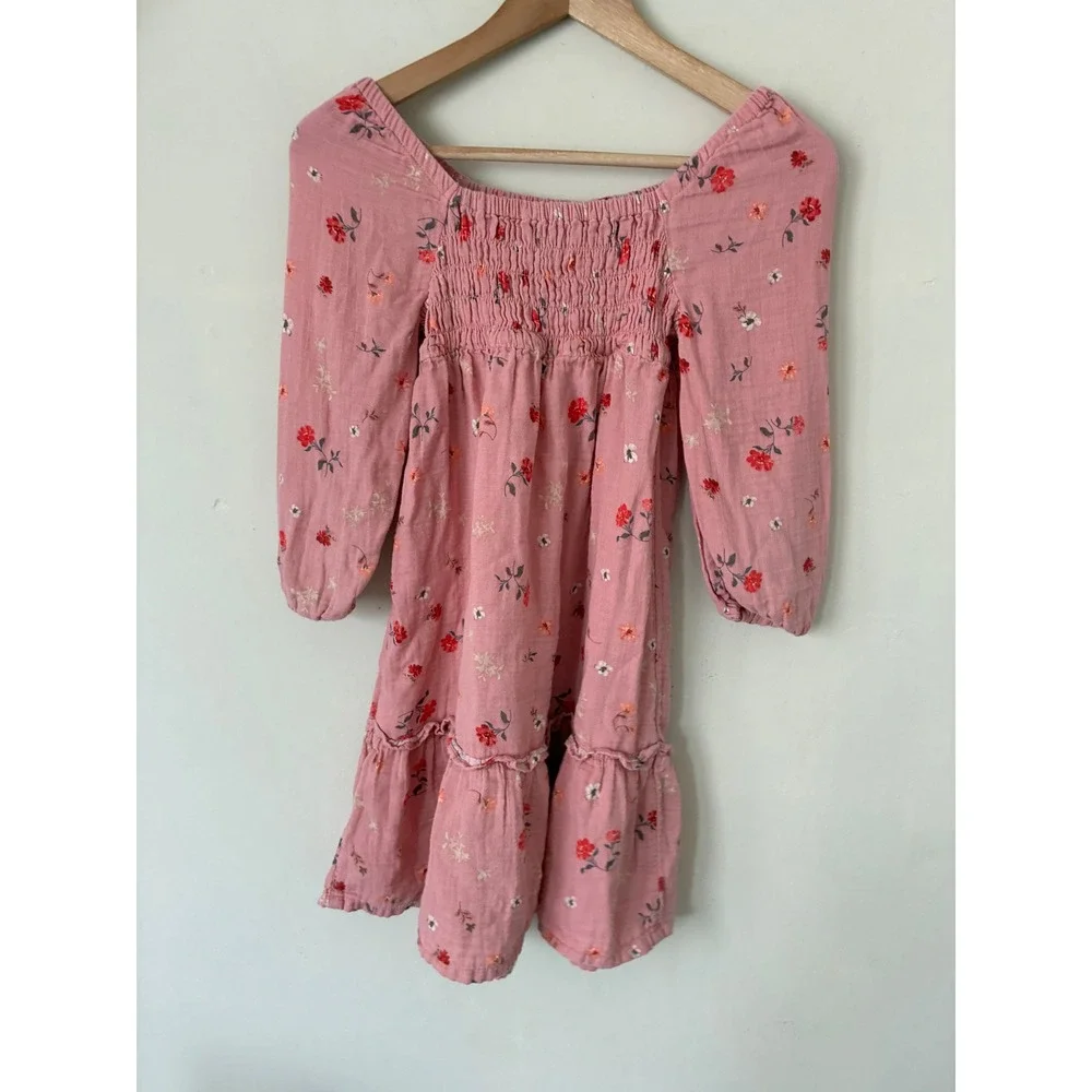 Old Navy Girls Pink Floral Smocked Gauze Dress Long Sleeve Tiered Size L 10-12